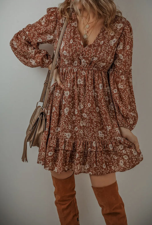 Boho Floral Ruffle Puff Sleeve Dress