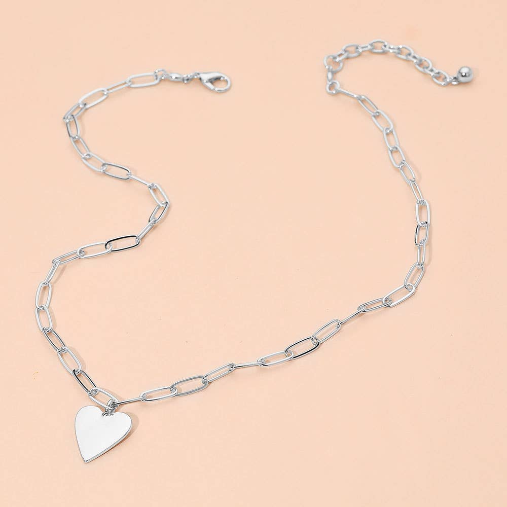 Gold or Silver Metal Heart Pendant Paperclip Chain Necklace