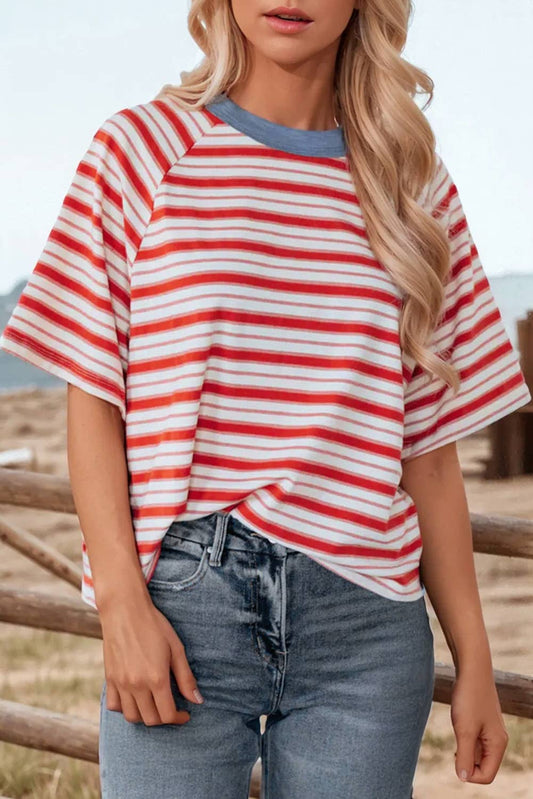 Stripe Print Contrast Collar Raglan Sleeve T Shirt