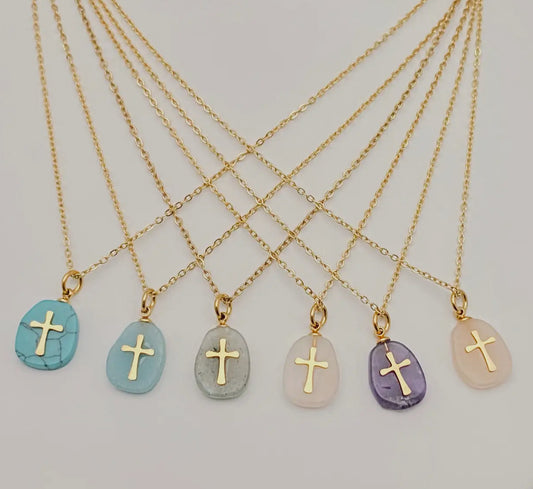 Natural Stone Cross Inlay Necklace