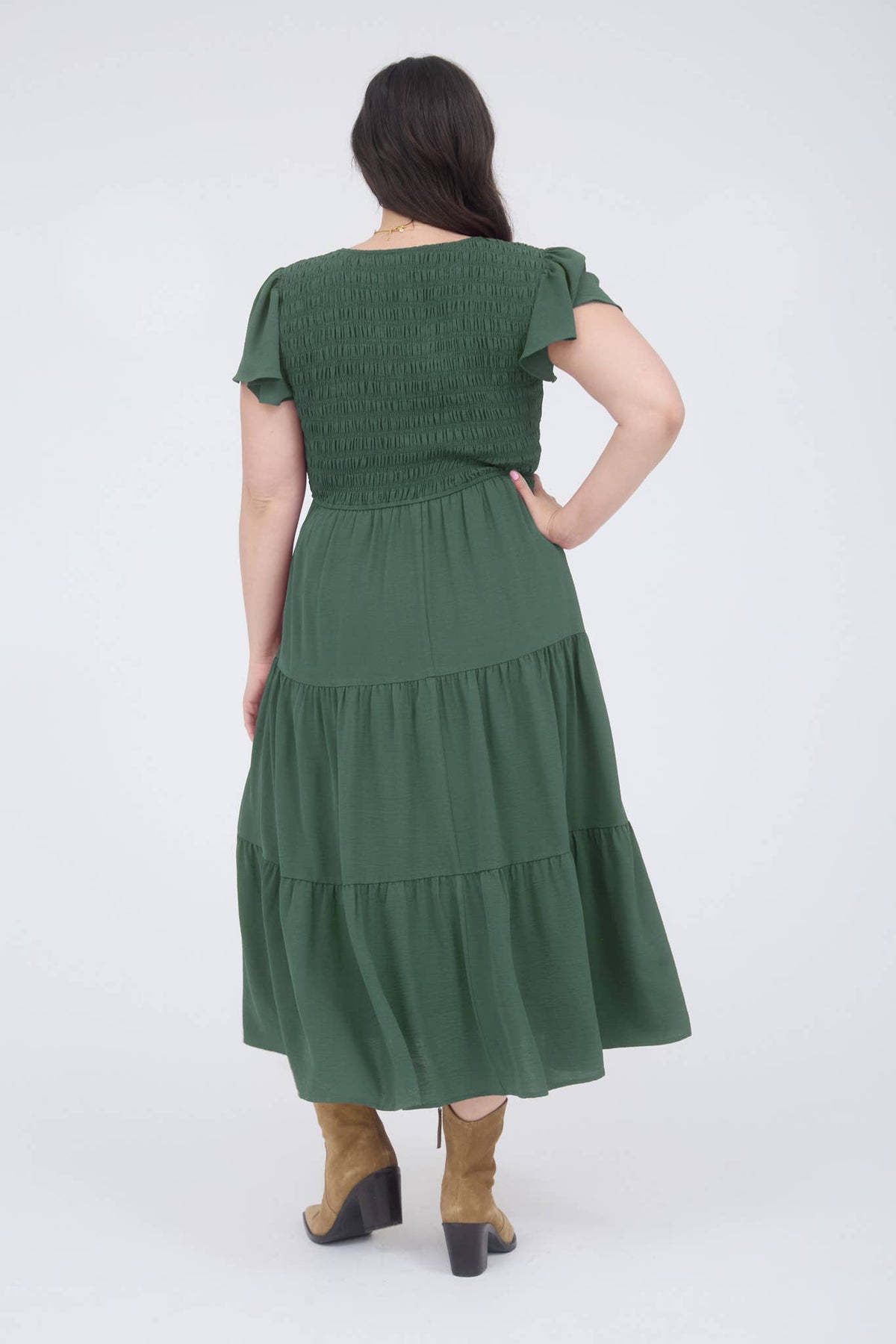 Plus Flutter Sleeve Smocked Midi Dress