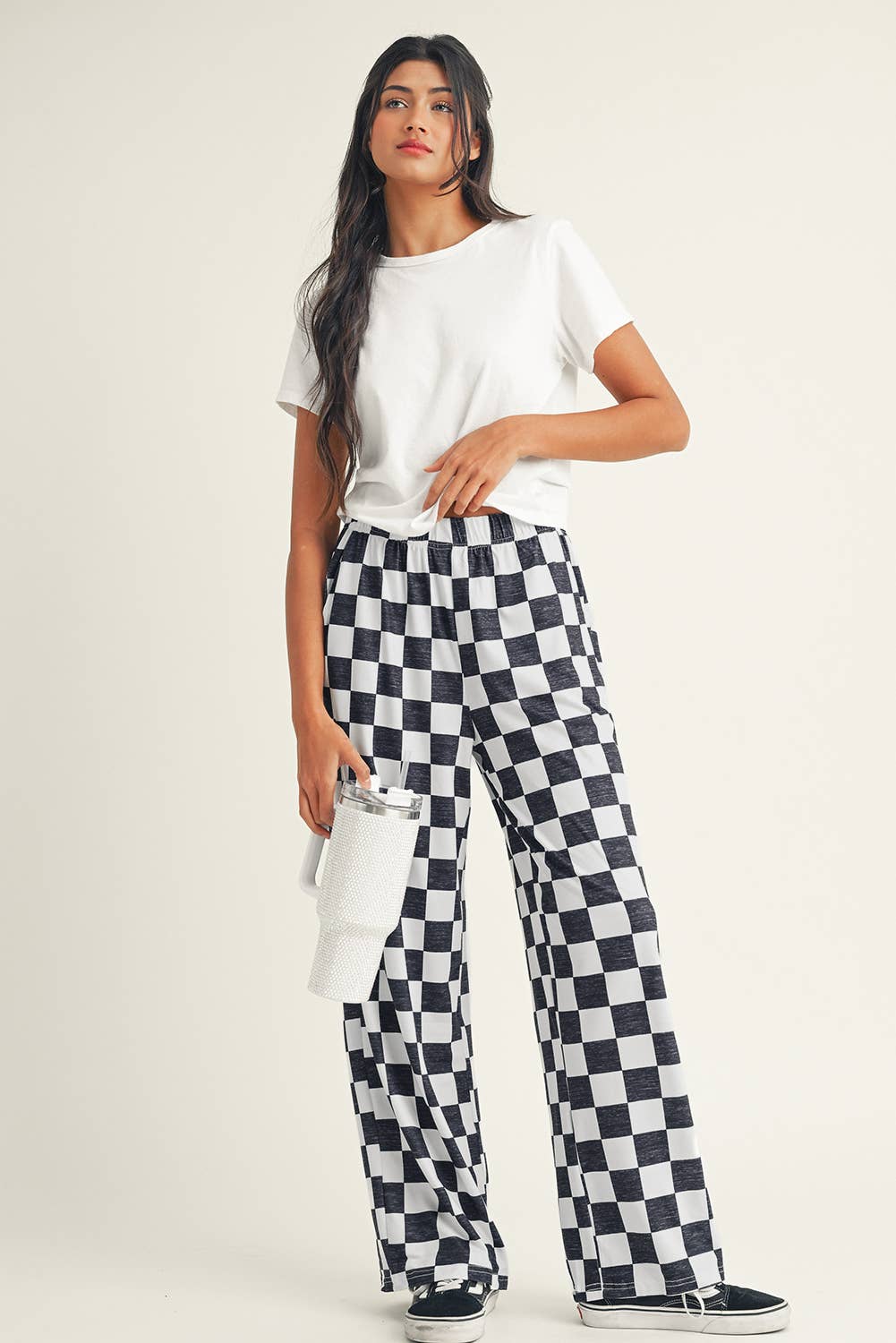 Checker Print High Waist Wide Leg Pants