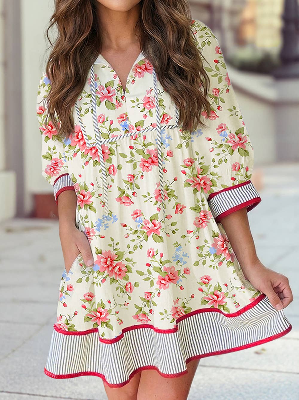 Spring 2026 Striped Edge 3/4 Puff Sleeve Floral Dress S-4X