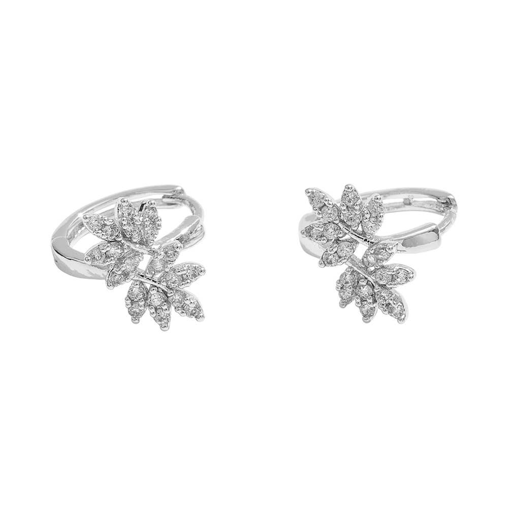 14K Gold or Silver Dipped CZ Leaves Mini Huggie Earrings