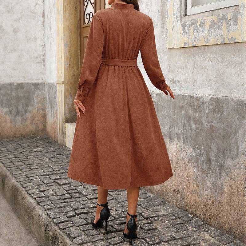 Corduroy Midi Dress Belted Waist Long Sleeve