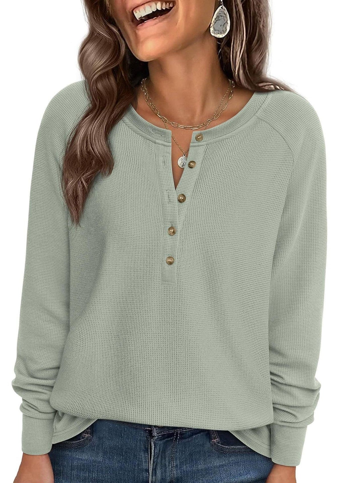 Button Front Waffle Knit Long Sleeve Top