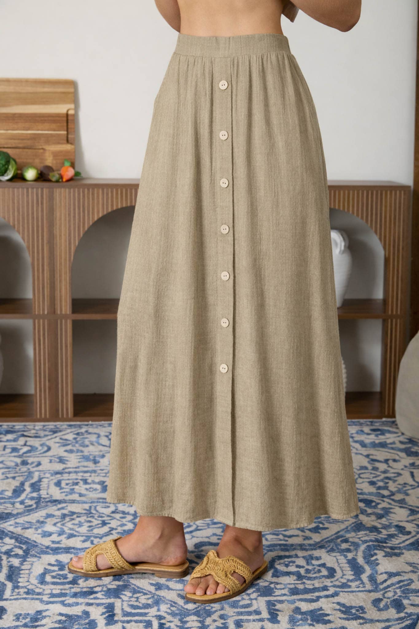Textured Button Front Midi Skirt