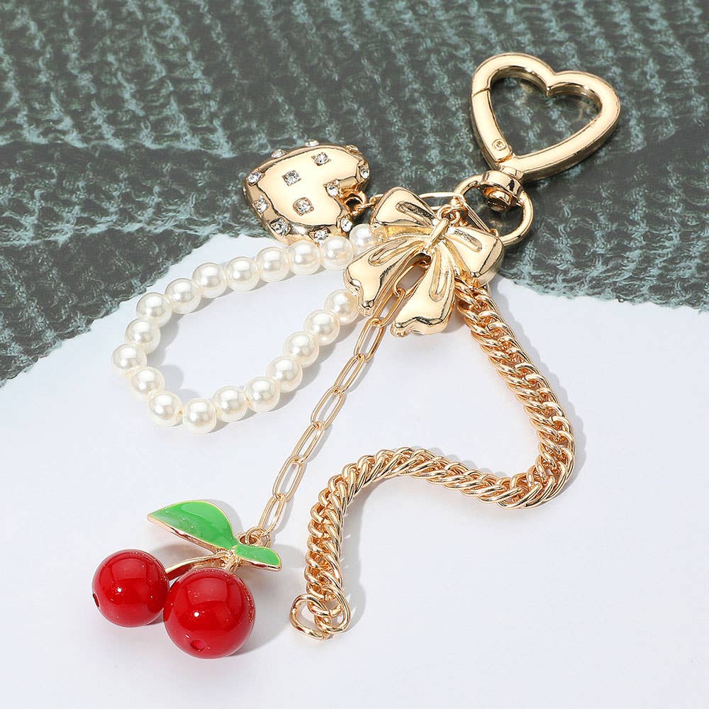 Heart & Bow Beaded Cherry Charm Drop Keychain / Bag Charm