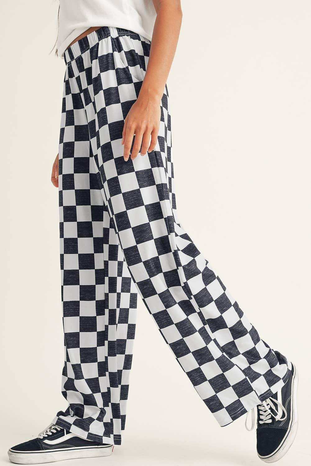 Checker Print High Waist Wide Leg Pants