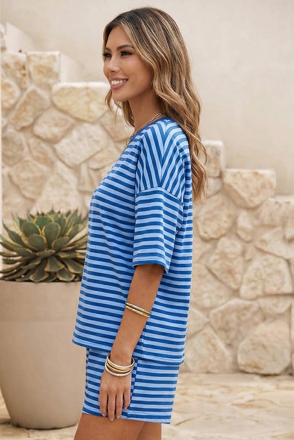 Stripe Dropped Shoulder Tee Loose 2pcs Set