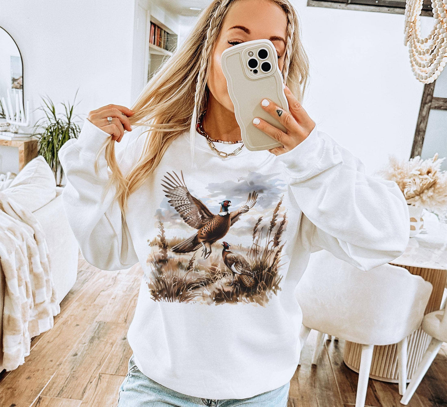 Retro Pheasant Bird Wilderness Scene Sweatshirt, Bird Shirt