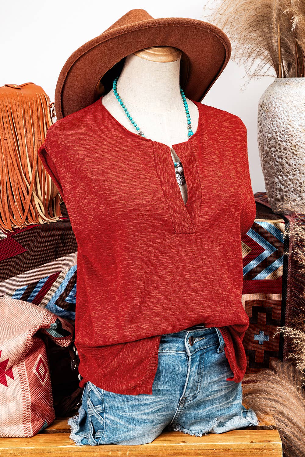 Fashion-W Split V Neck Short Sleeve Sweater