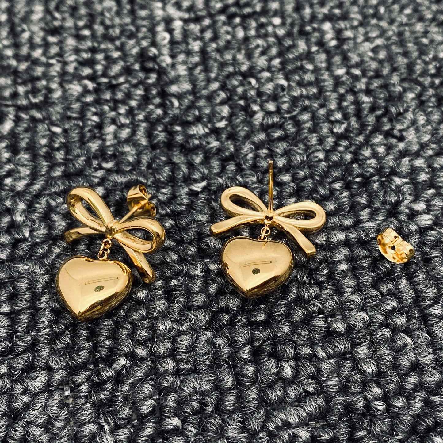 18K Gold Plated Heart Charm Bow Post Earrings