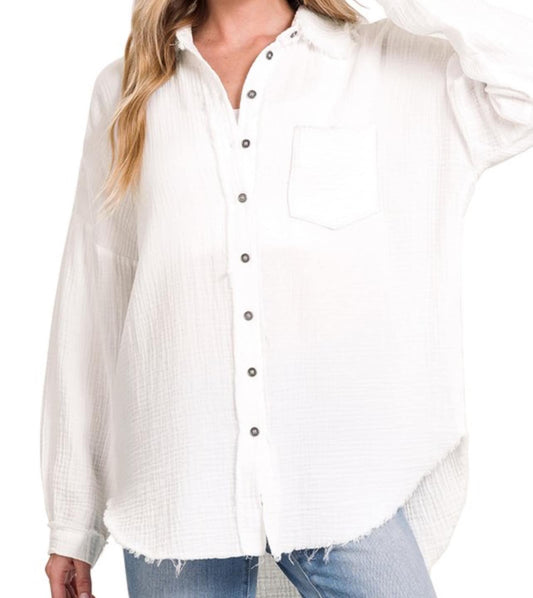 Gauze Raw Hem Button Down