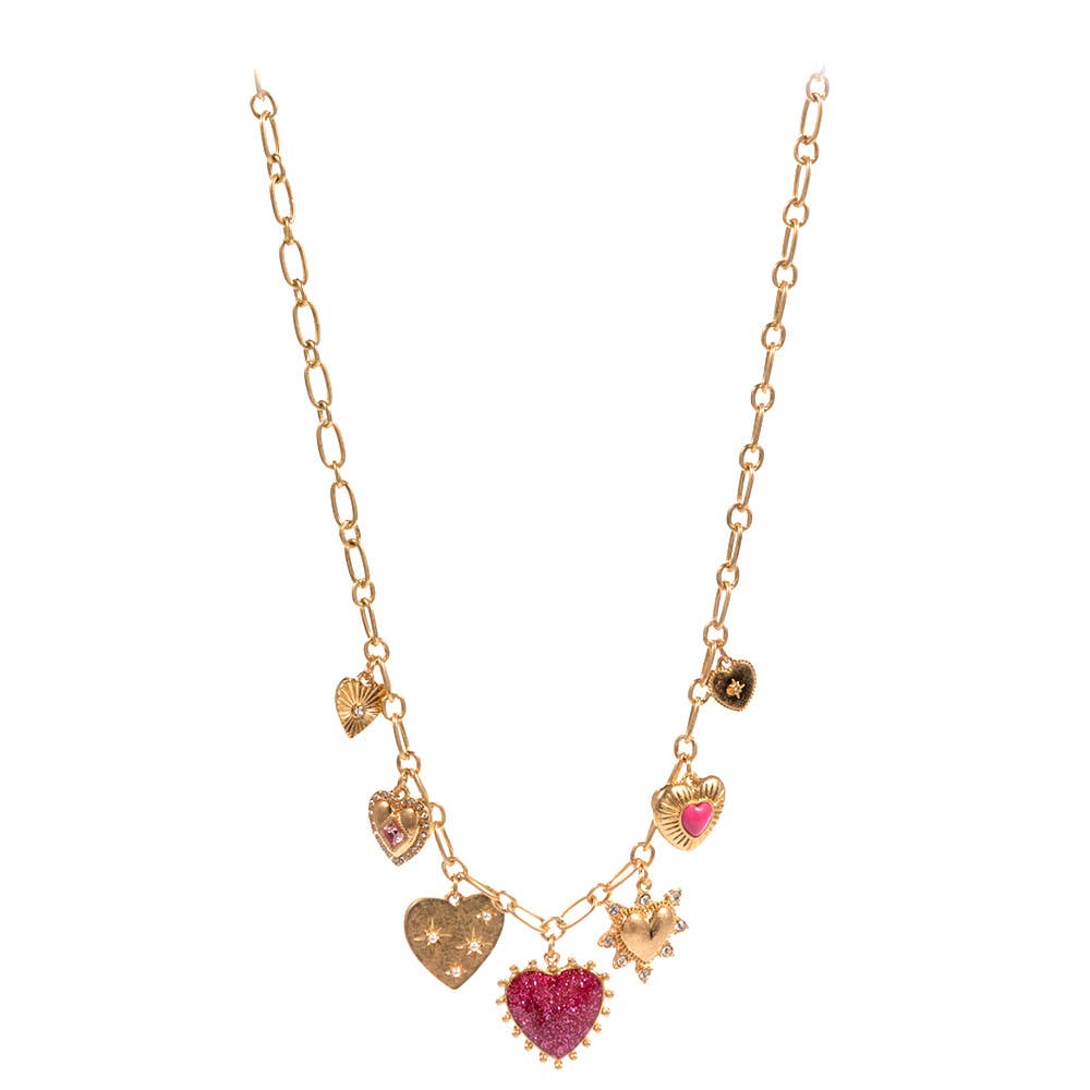 Chunky Mixed Heart Charm Station Paperclip Chain Necklace