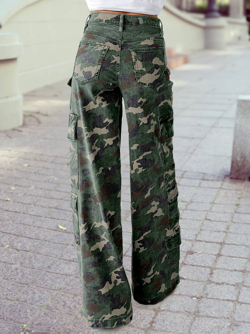 Camo Denim Cargo Wide Leg Pants