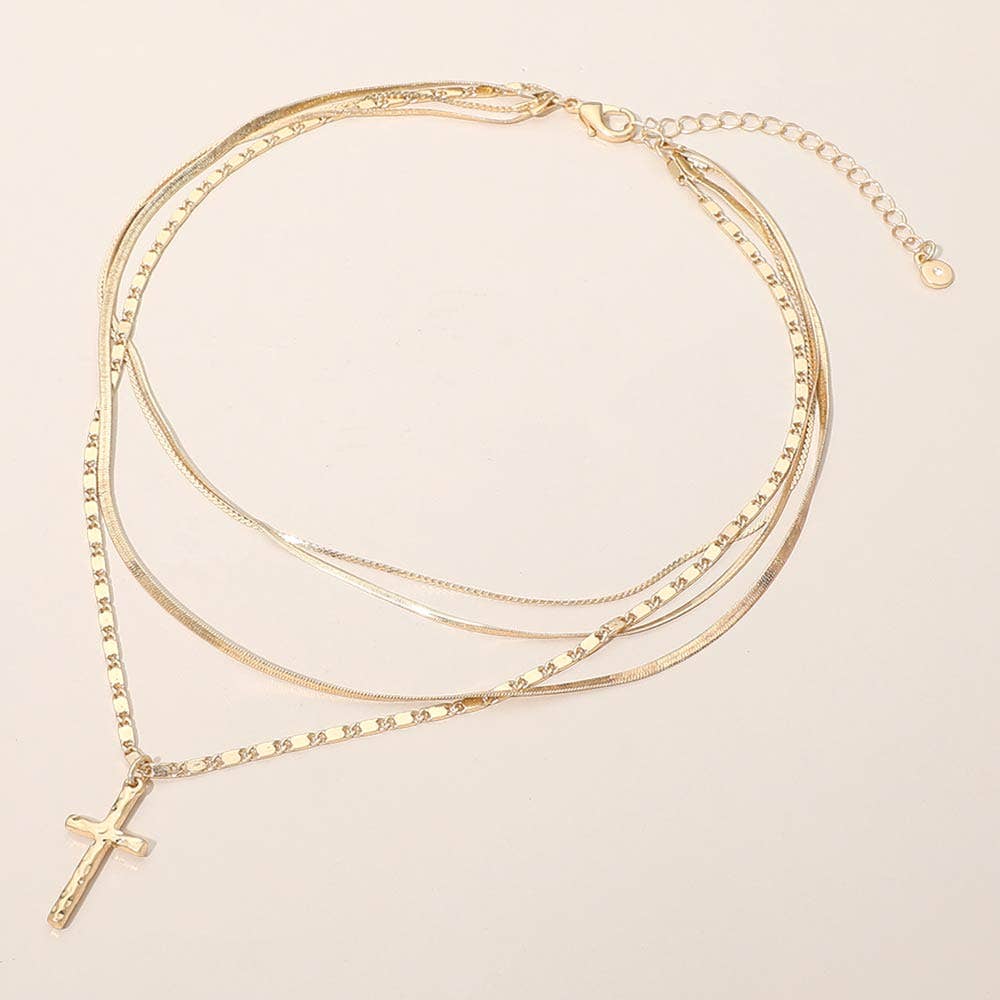 Cross Pendant Accent Layered Chain Necklace
