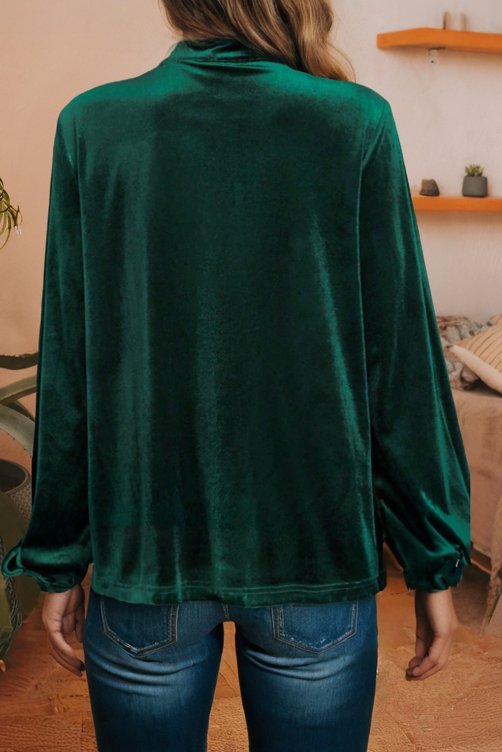 Asymmetric Button Collar Long Sleeve Velvet Blouse
