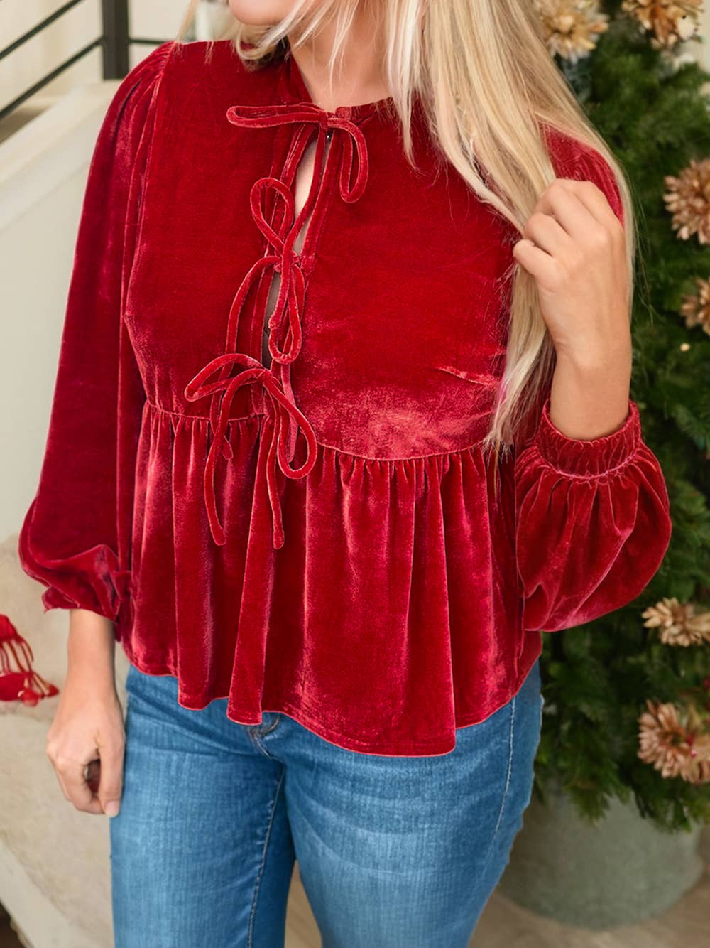 Plus Size Tie Front Velvet Peplum Blouse