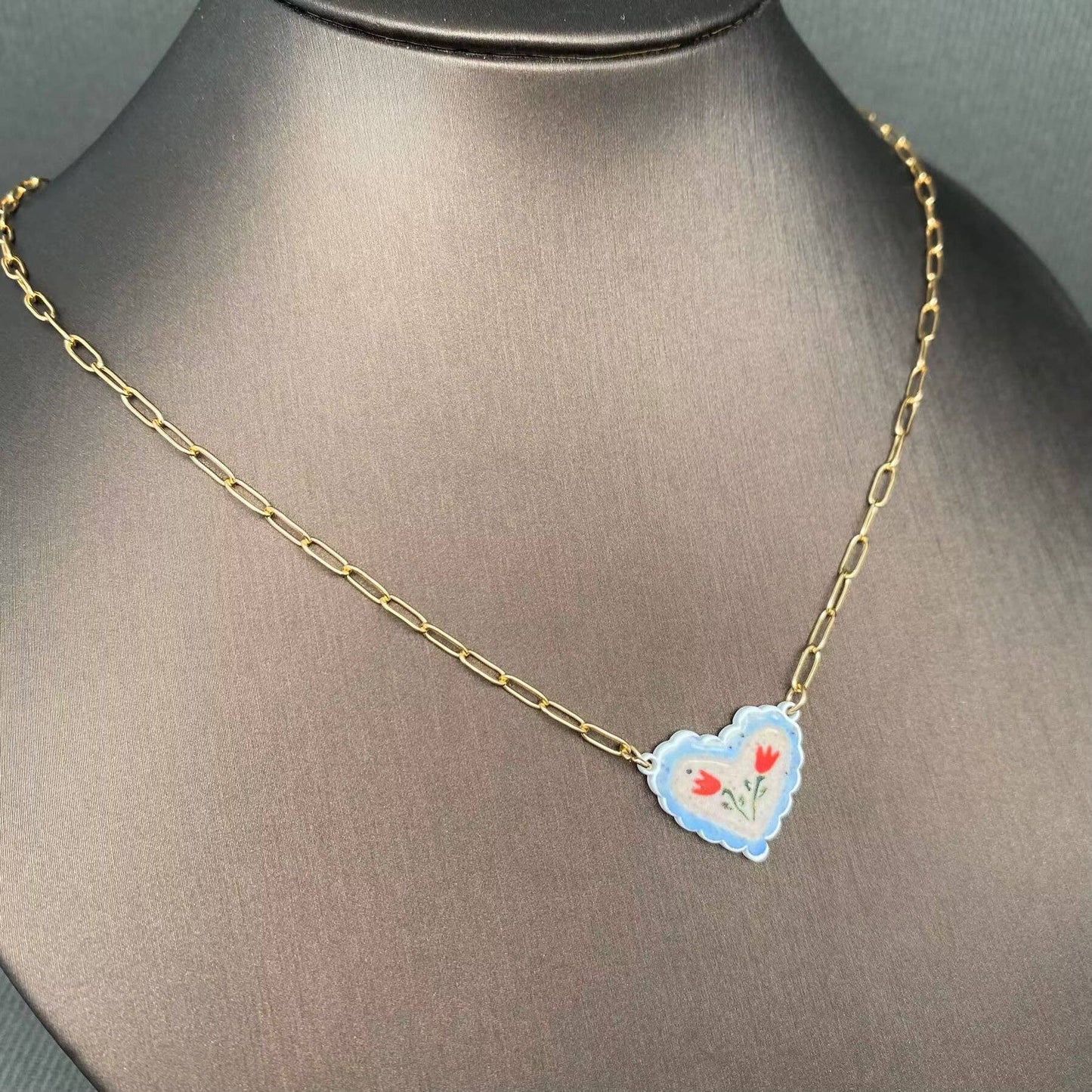 Flower Pattern Heart Charm Necklace