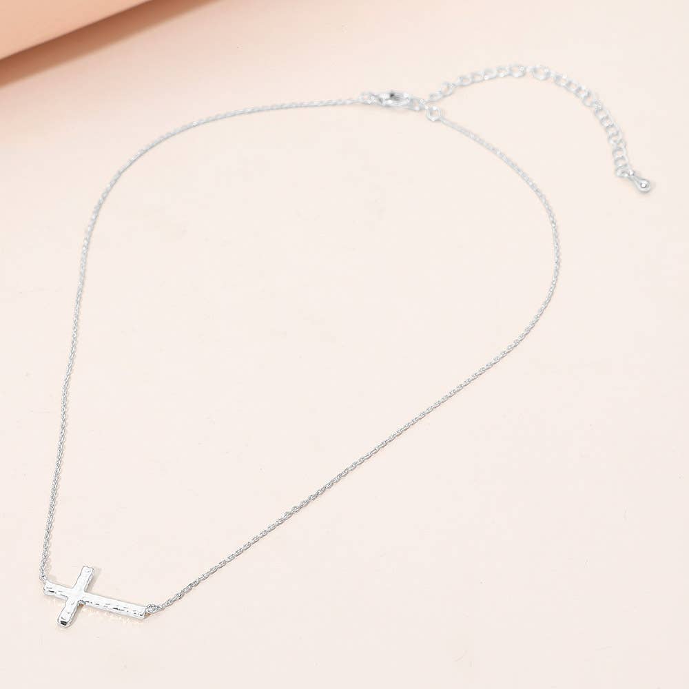 Gold or Silver Hammered Metal Sideways Cross Pendant Necklace