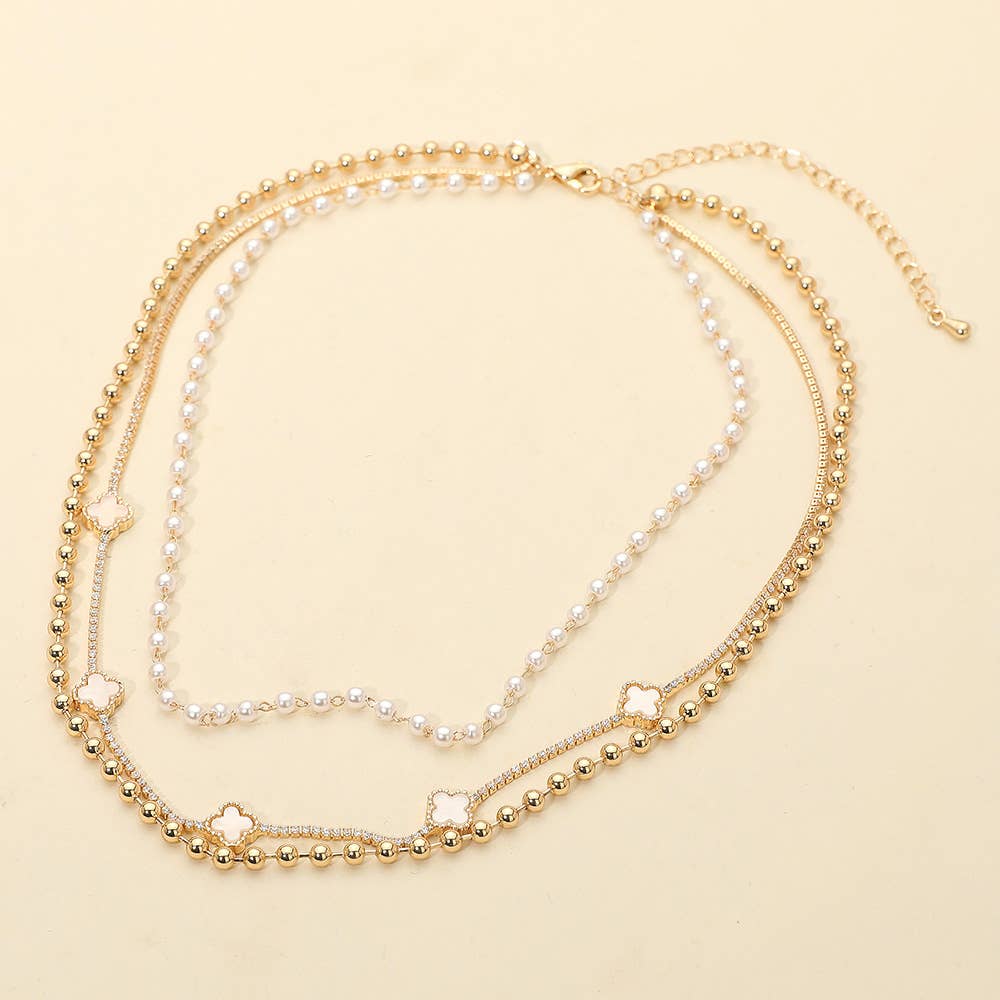 Quatrefoil Charm Station Pearl Beaded Chain Layered Choker Necklace