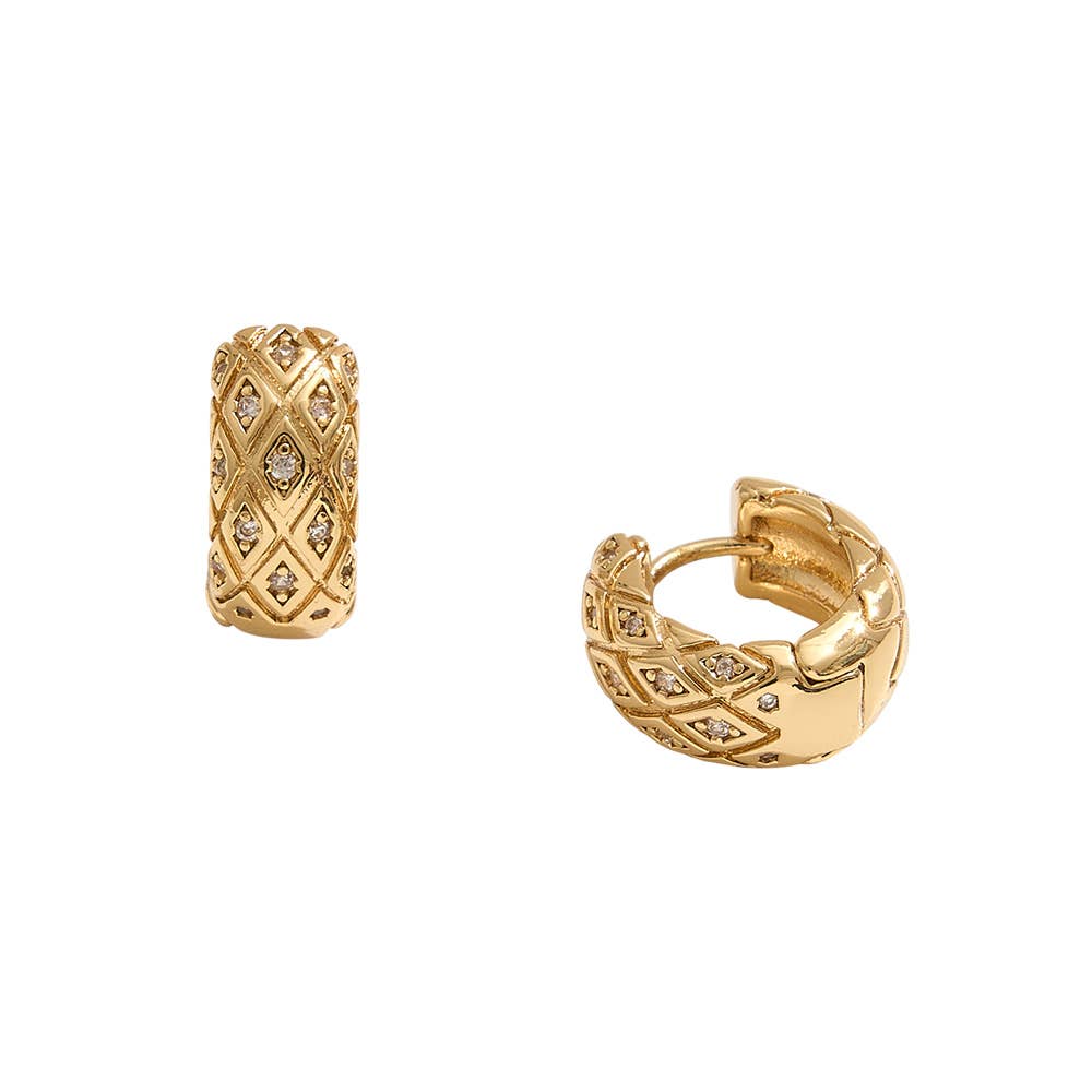 14K Gold Dipped CZ Stone Paved Quilted Huggie Earrings