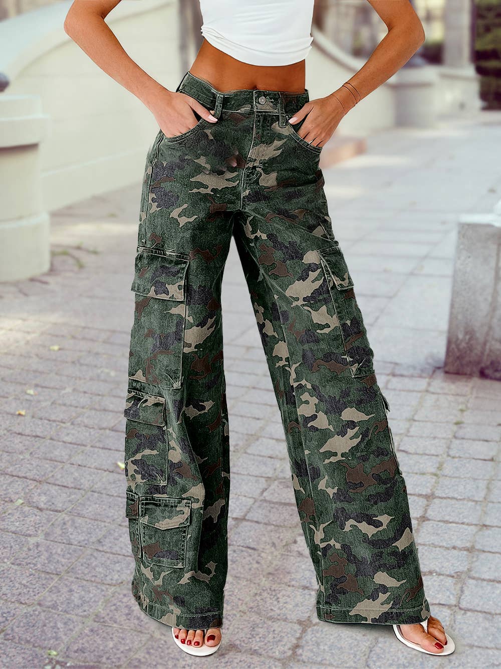 Camo Denim Cargo Wide Leg Pants