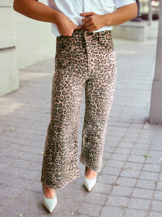 Leopard Frayed Edge Wide Leg High Waist Cropped Jeans