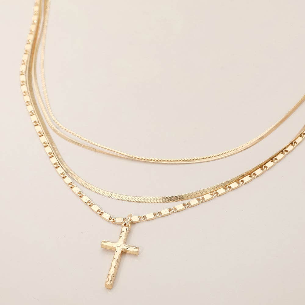 Cross Pendant Accent Layered Chain Necklace
