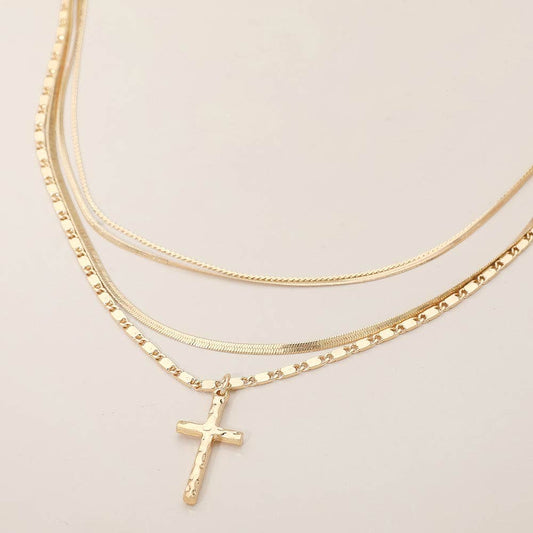 Cross Pendant Accent Layered Chain Necklace