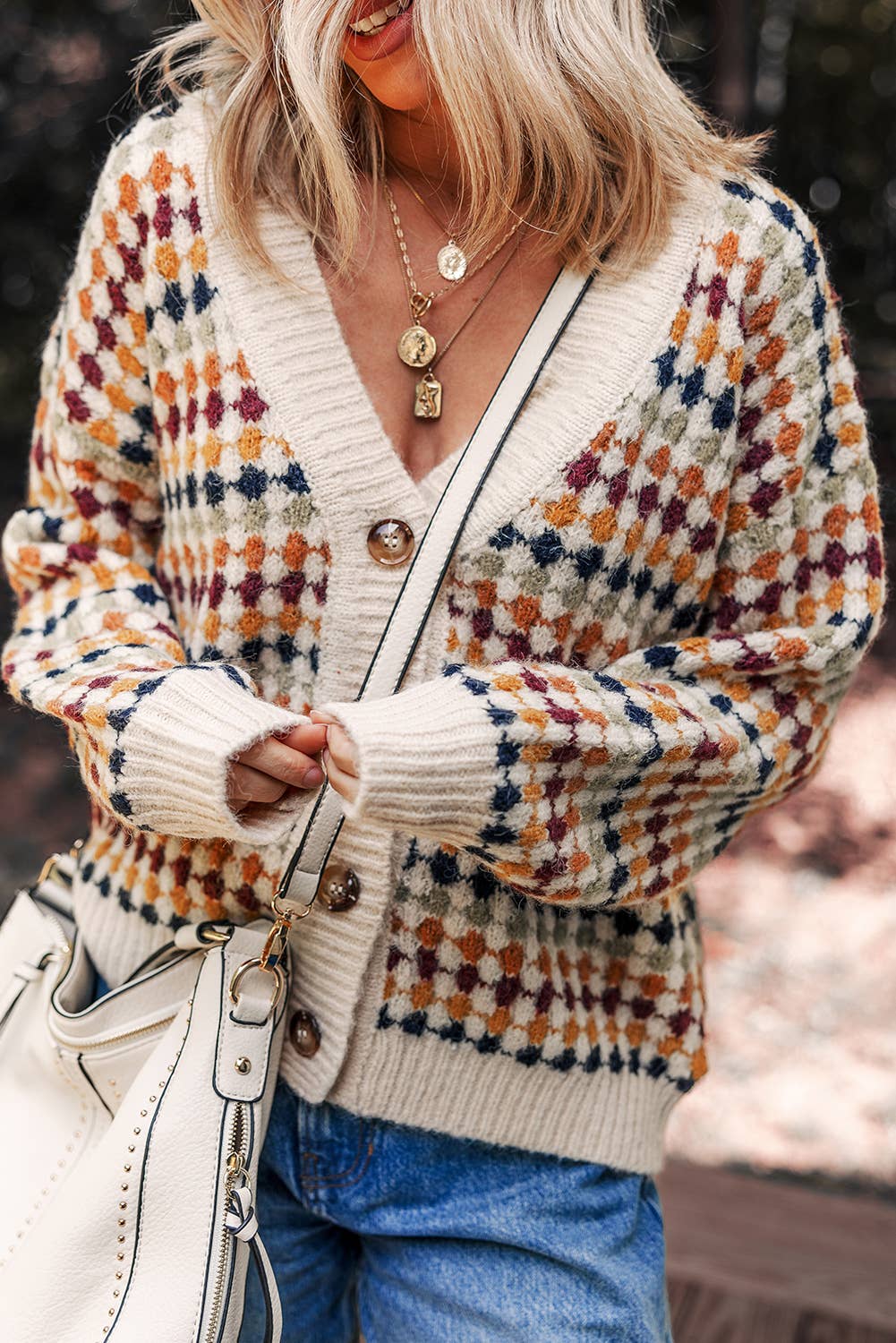 Dotty Pattern Knit Button Front V Neck Sweater Cardigan