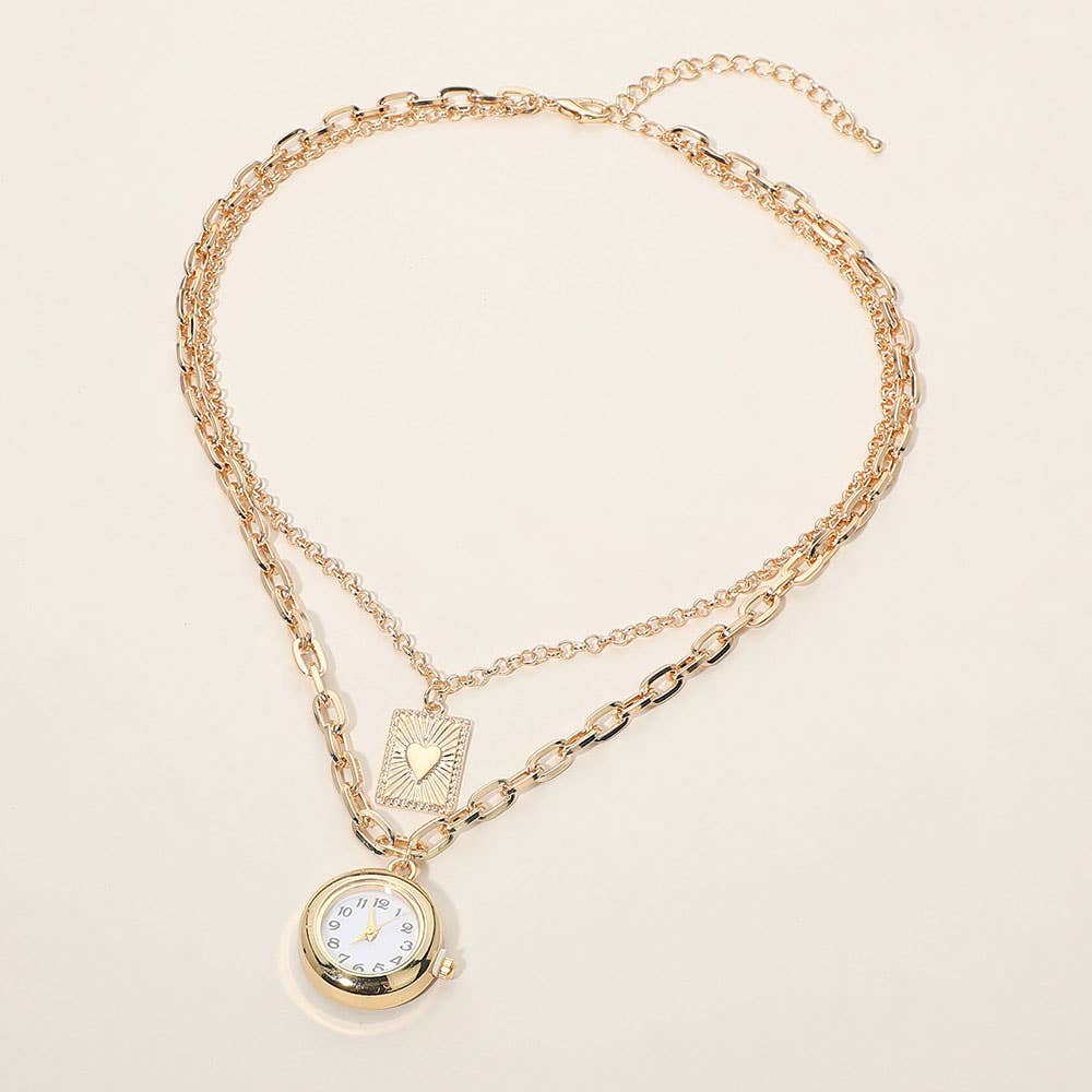 Watch Heart Plate Pendant Layered Chain Necklace