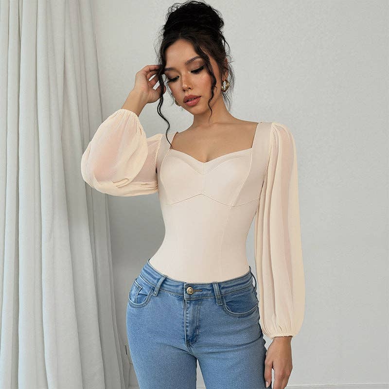 Apricot Mesh Sleeve Square Neck Bodysuit