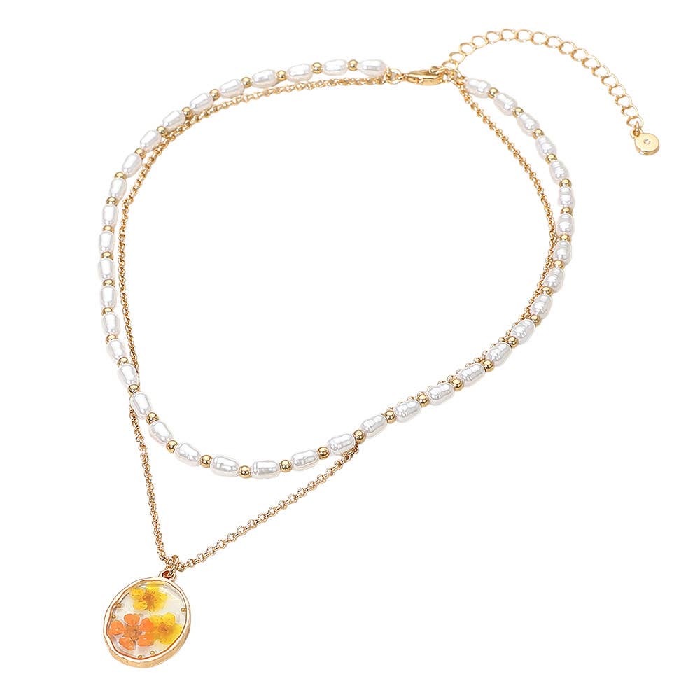 Floral Resin Pendant Pearl Metal Chain Layered Necklace