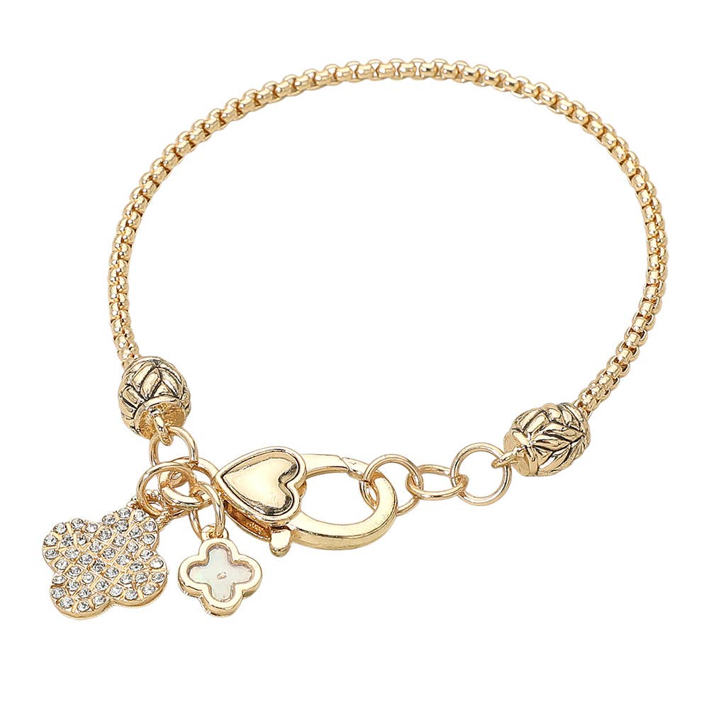 Stone Paved Mother of Pearl Quatrefoil Charm Bracelet