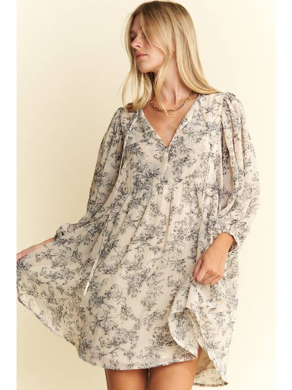 Lined 3/4 Sleeve Floral Chiffon Babydoll Short Dress