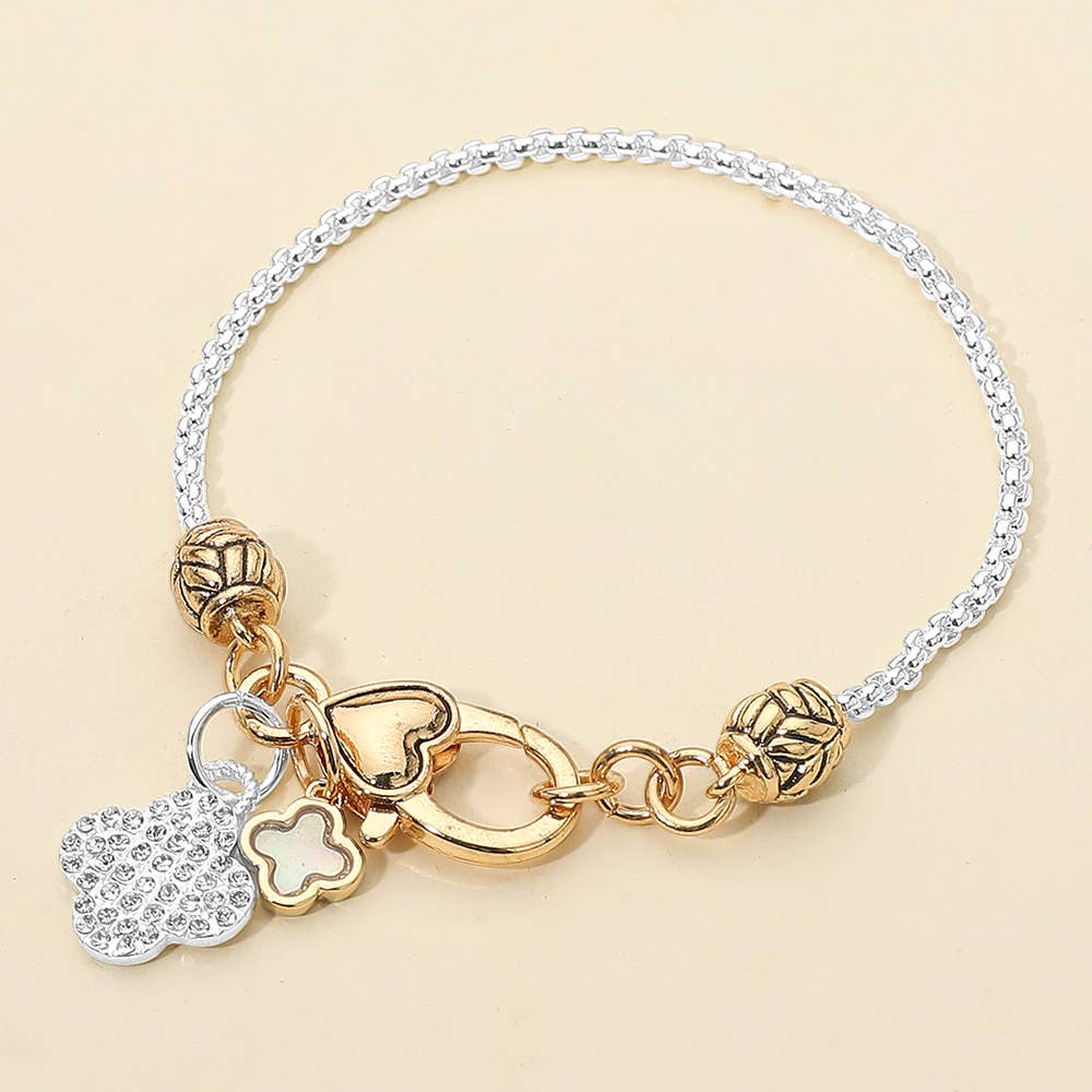 Stone Paved Mother of Pearl Quatrefoil Charm Bracelet