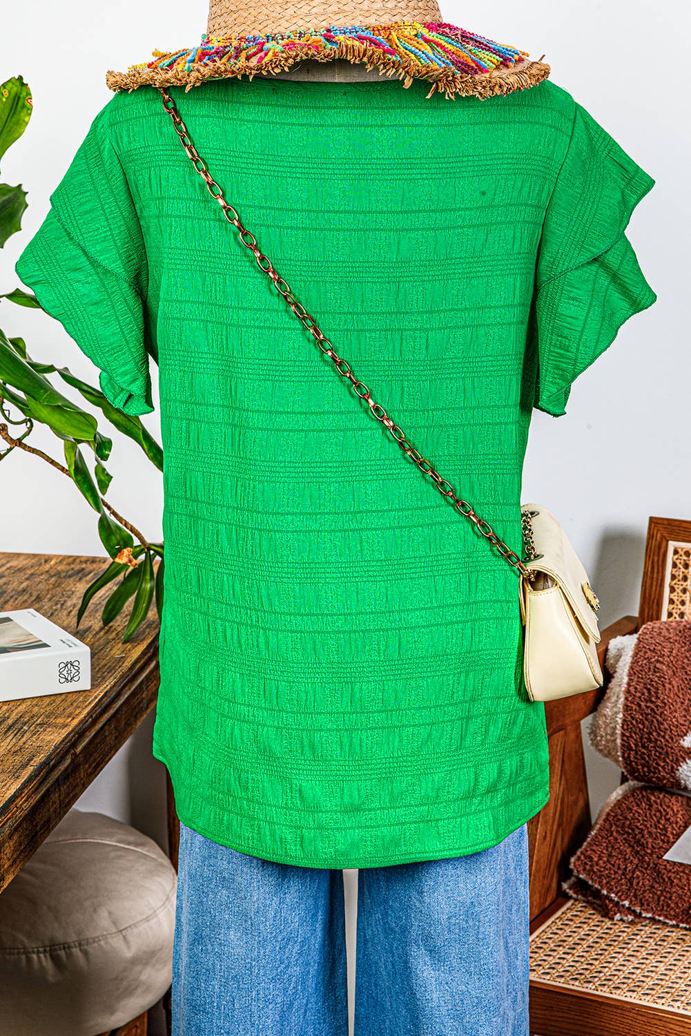 Fashion-W Textured Ruffled Sleeve Round Neck Top