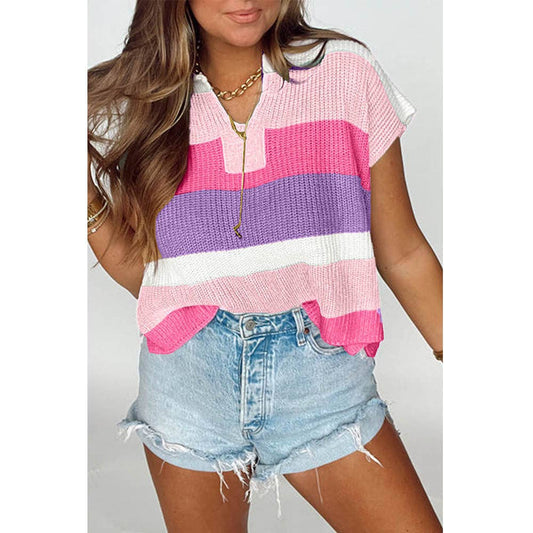 Colorblock Striped Knit Short Sleeve Sweater
