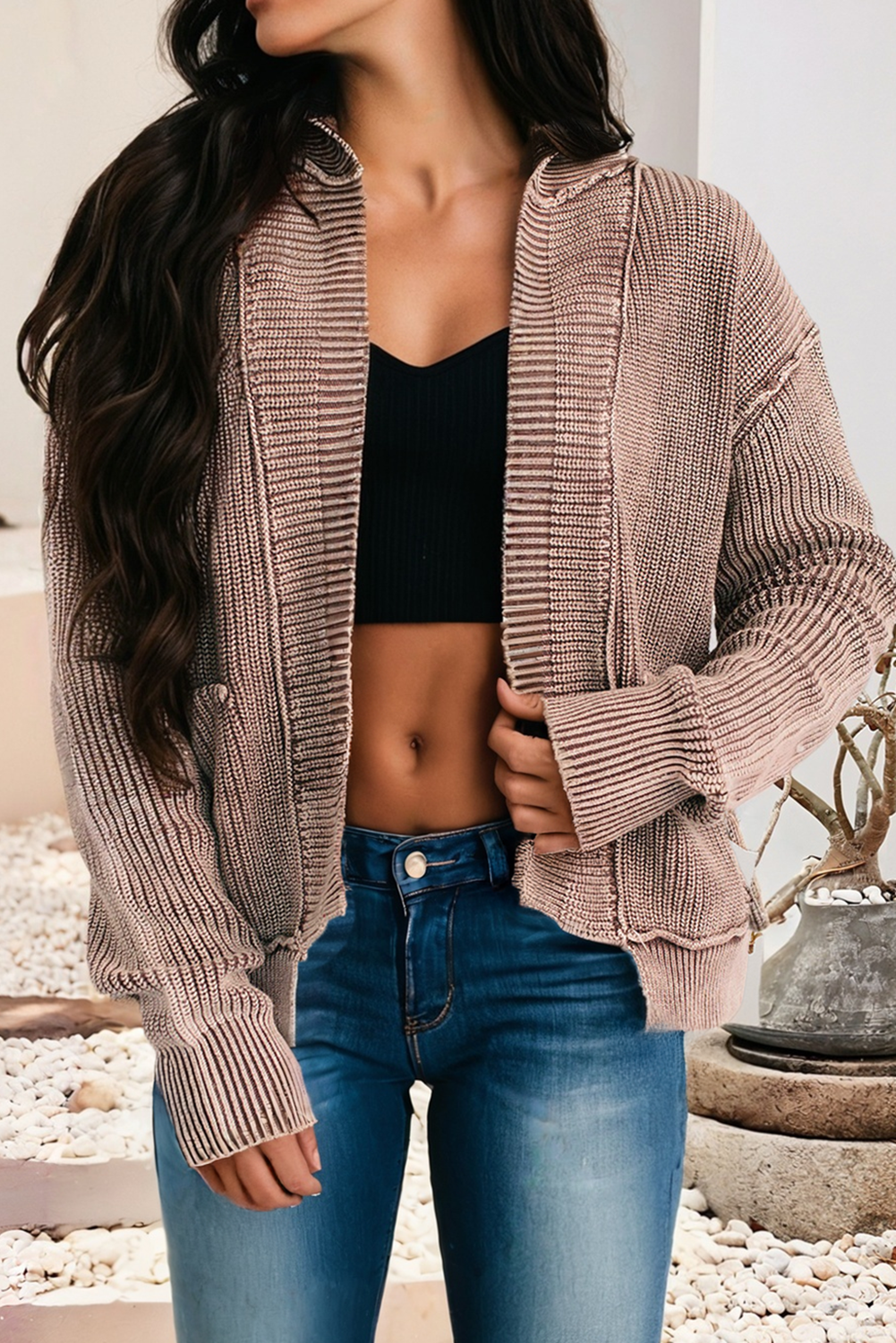 Exposed Seam Knit Open Sweater Cardigan