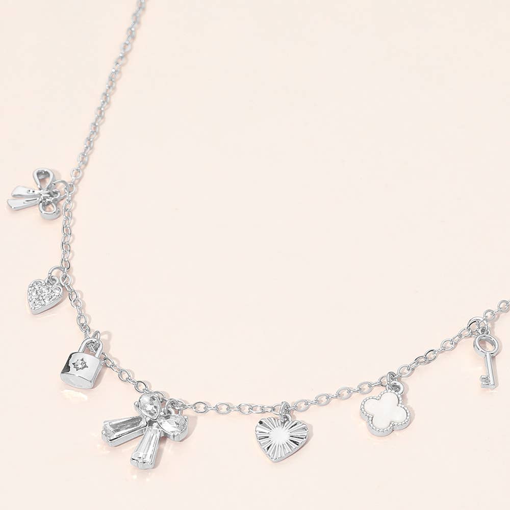 Gold Dipped Bow Quatrefoil Lock Heart Charm Station Necklace