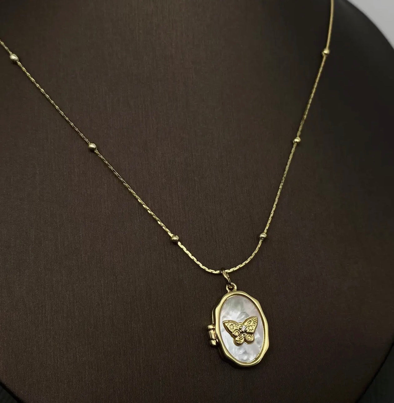 Butterfly Locket Shell Inlay Charm Necklace