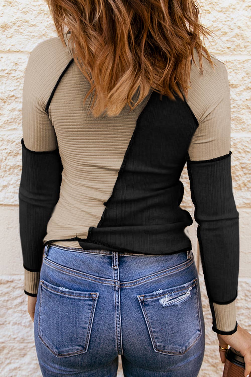 Irregular Color Block Seaming Trim Rib Knit Top