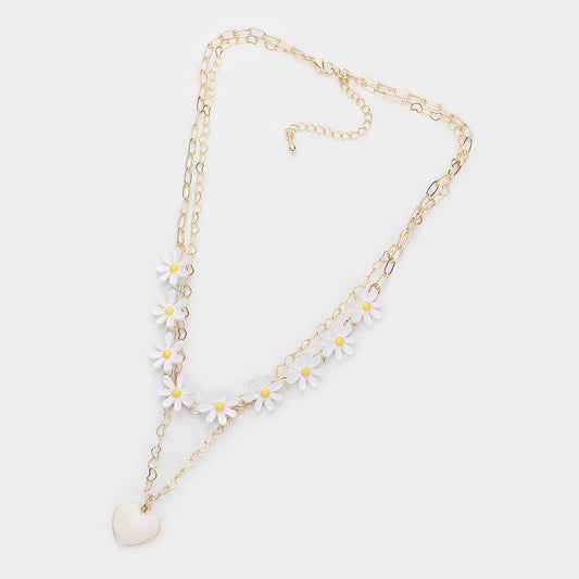 Enamel Heart Pendant Flower Link Double Layered Necklace