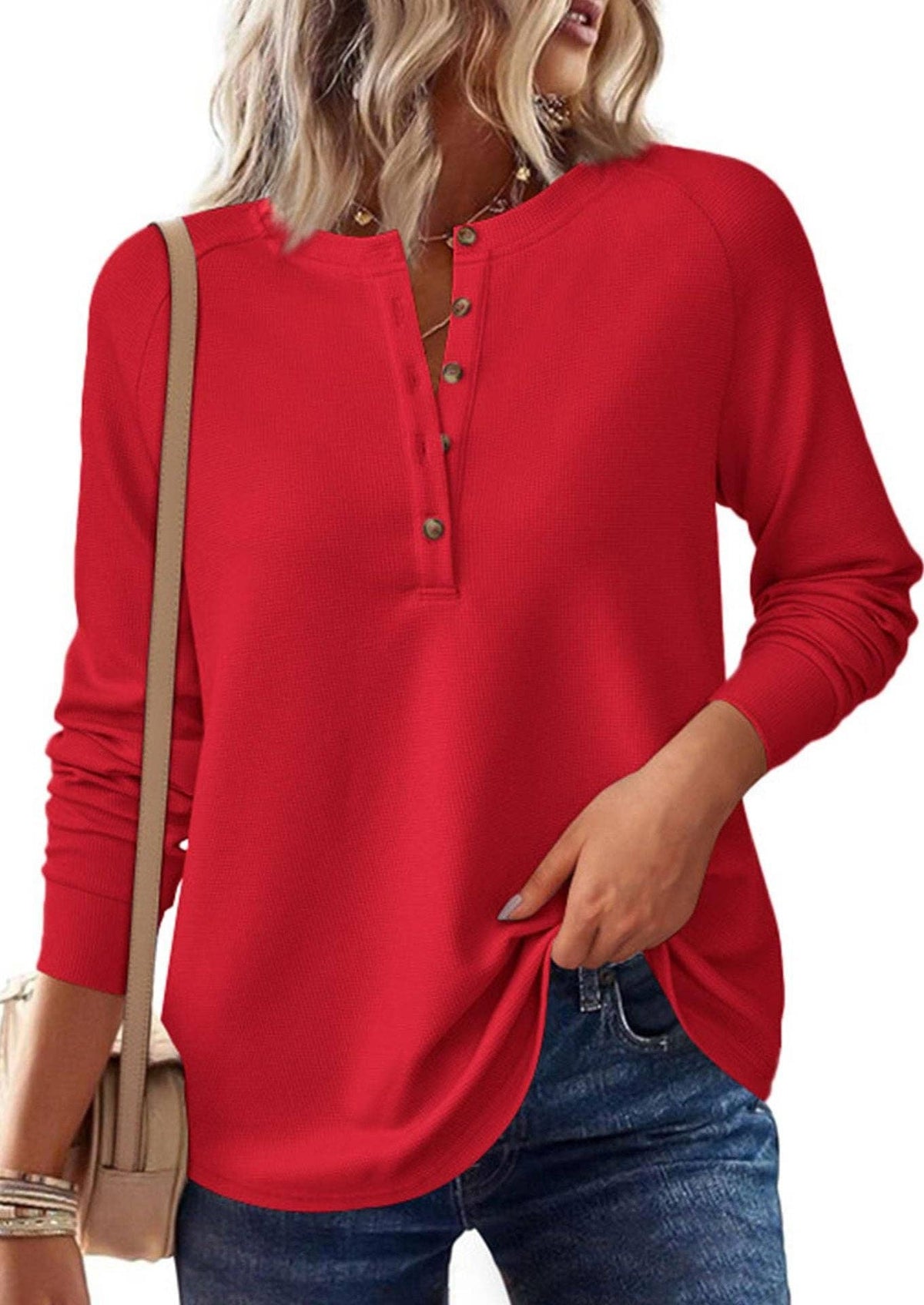 Button Front Waffle Knit Long Sleeve Top