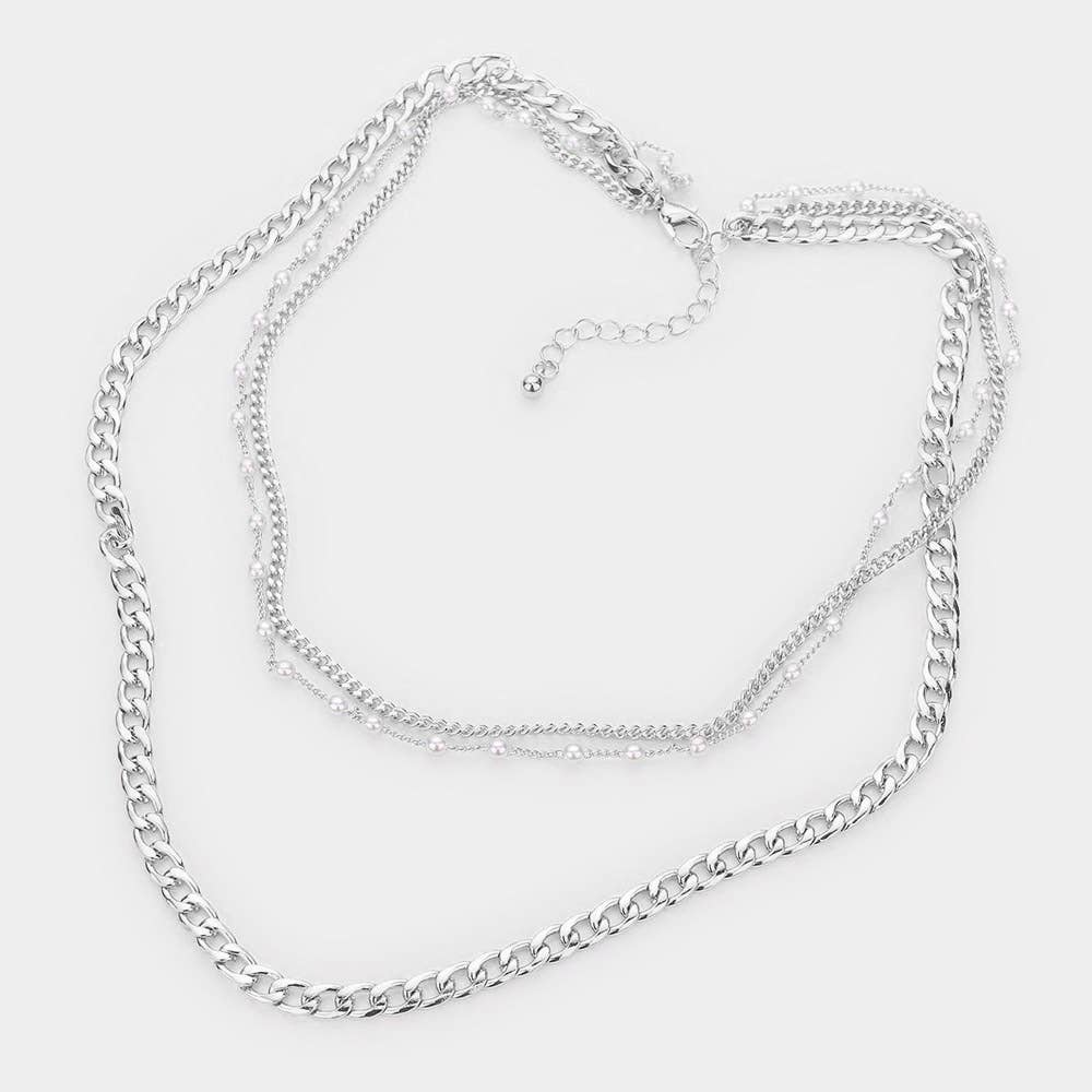 Tiny Pearl Metal Chain Link Triple Layered Bib Necklace