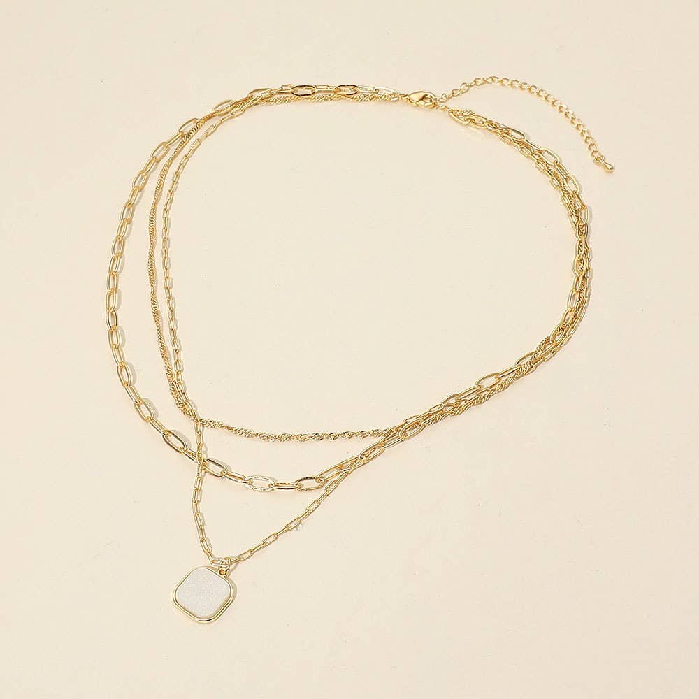 18K Gold Dipped Square Pendant Accent Mixed Paperclip Chain Layered Necklace
