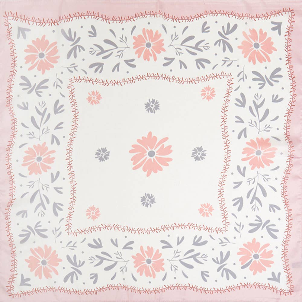 Floral Framed Border Printed Square Silky Satin Bandana Scarf
