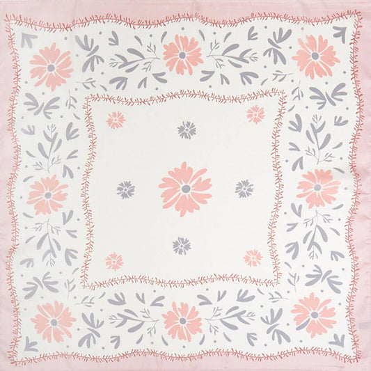 Floral Framed Border Printed Square Silky Satin Bandana Scarf